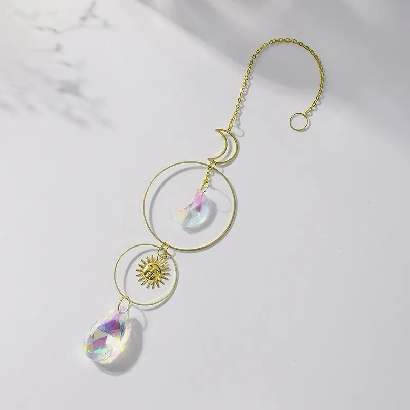 1 komad, zlatni dvostruki okrugli kristalni privjesak, kombinacija elemenata Mjesec i Sunce, pogodan za uređenje doma i vrtni privjesak