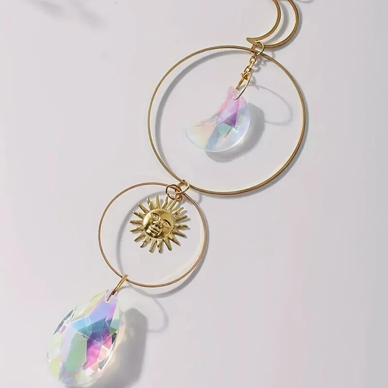 1 komad, zlatni dvostruki okrugli kristalni privjesak, kombinacija elemenata Mjesec i Sunce, pogodan za uređenje doma i vrtni privjesak
