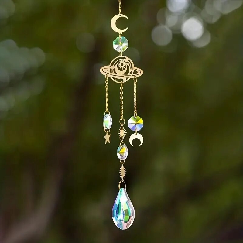 1vnt, Mėnulio ir žvaigždžių krištolinis saulėtas gaudytojas, sodo vakarėlio namų dekoravimo vėjo varpelio pakabukas