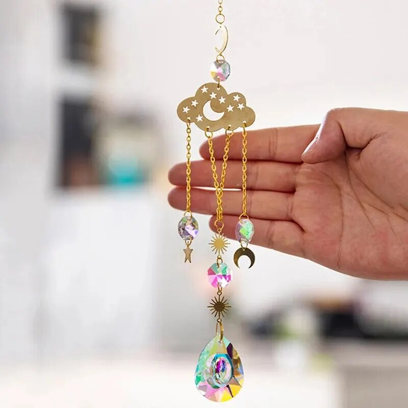 1vnt, Mėnulio ir žvaigždžių krištolinis saulėtas gaudytojas, sodo vakarėlio namų dekoravimo vėjo varpelio pakabukas