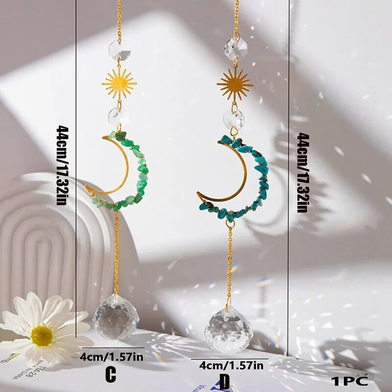 1 tükk töötlemata kivist ja kristallist seinariide, mis on kujundatud kuu ja päikese kujul koduaeda kaunistama