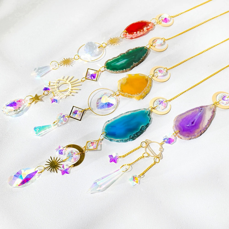 Looduslikest kividest ahhaat päikesepüüdja Ahhaat päikesepüüdja vikerkaarevalmistaja jaoks Rippuv kristallist nõia päikesepüüdja tuulekella seinakaunistus