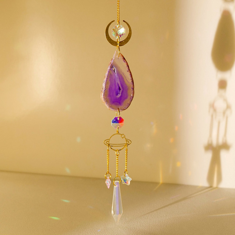 Looduslikest kividest ahhaat päikesepüüdja Ahhaat päikesepüüdja vikerkaarevalmistaja jaoks Rippuv kristallist nõia päikesepüüdja tuulekella seinakaunistus