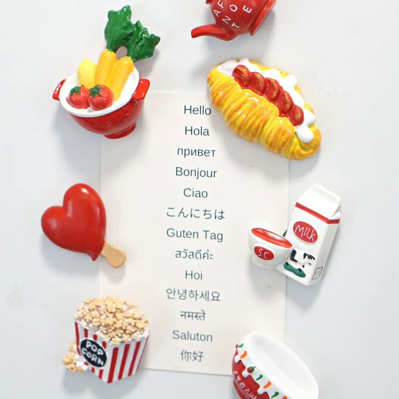 Raudoni maisto šaldytuvo magnetai Arbatinukas Crossaint Milk Pomidorų Šaldytuvas Magnetiniai lipdukai Namų puošmenos Kūrybiška virtuvės dovana