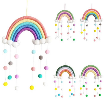 Ръчно тъкани пет нишки Rainbow Clouds Висяща декорация Цветен Pom Pom Филцова топка с пискюл Висяща декорация на стена/прозорец
