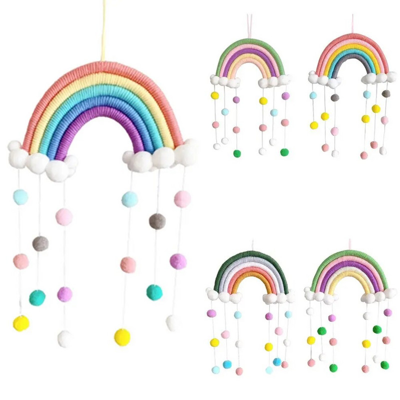 Käsitsi kootud viie haru vikerkaarpilved rippuvad kaunistused värvilised pom pom vildist palli tups Seina/akna rippuv kaunistus käsitöö