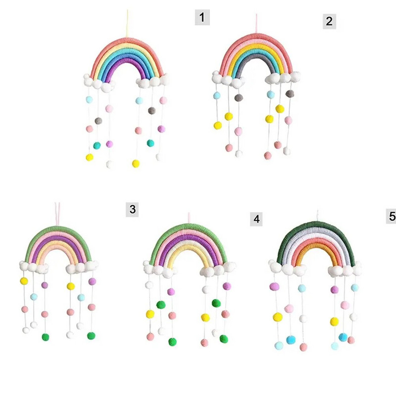 Käsitsi kootud viie haru vikerkaarpilved rippuvad kaunistused värvilised pom pom vildist palli tups Seina/akna rippuv kaunistus käsitöö