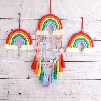 Rainbow Macrame Стенен закачане за момичета Гоблен с пискюли Детска стая Kawaii Декор за бебешка стая Ръчно изработено въже Орнамент за декорация на дома