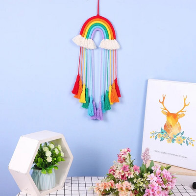 Rainbow Makrame Sienų Pakabos Mergaitėms Kutas Gobelenas Darželis Kawaii Kūdikių kambario dekoras Rankų darbo virvė Namų dekoravimo ornamentas