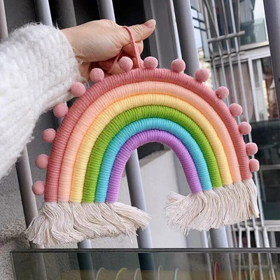 Rainbow Makrame Sienų Pakabos Mergaitėms Kutas Gobelenas Darželis Kawaii Kūdikių kambario dekoras Rankų darbo virvė Namų dekoravimo ornamentas