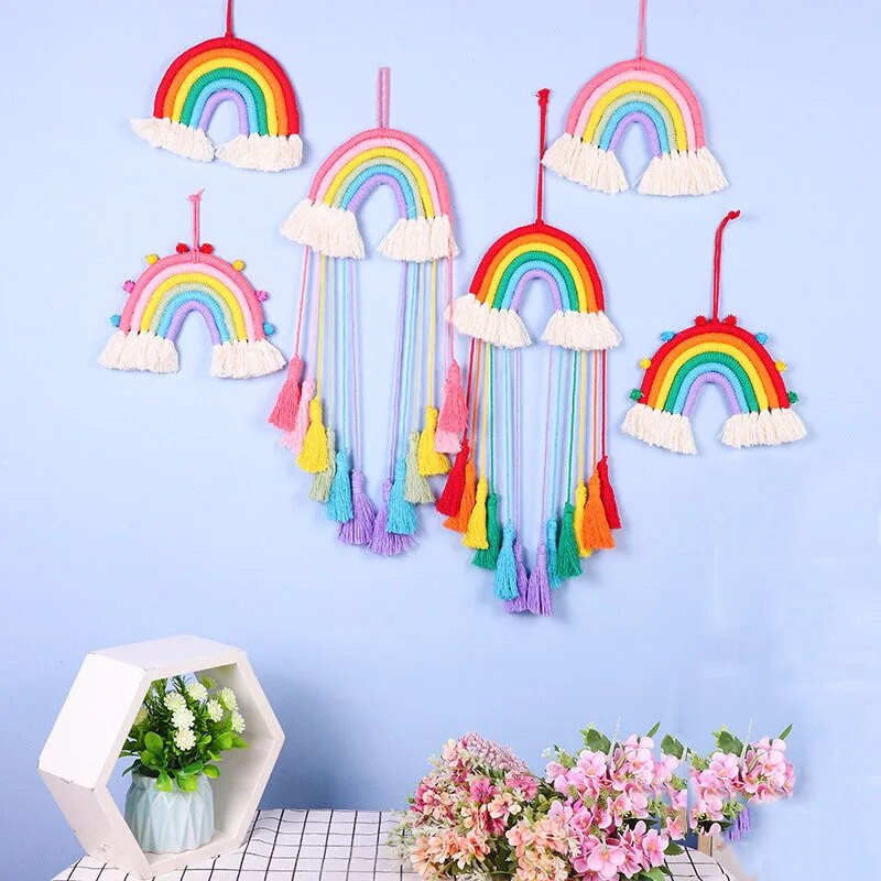 Rainbow Makrame Sienų Pakabos Mergaitėms Kutas Gobelenas Darželis Kawaii Kūdikių kambario dekoras Rankų darbo virvė Namų dekoravimo ornamentas