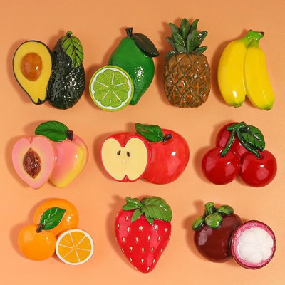 Творчески 3D магнити за хладилник с плодове Изкуствена ябълка Банан Ягода Череша Портокал Праскова Магнитен стикер Декорация на вратата на хладилника