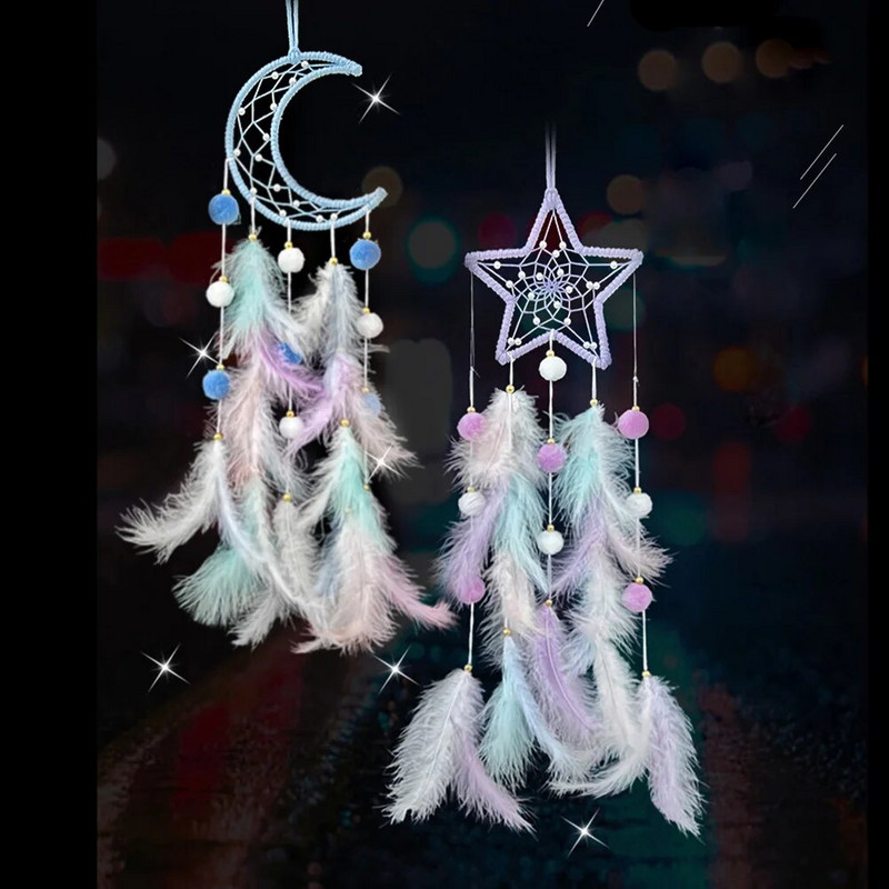 Kawaii Dreamcatcher Suncatcher Feather Φωτιστικό LED Φεγγάρι Star Catcher Δωμάτιο Εσωτερικό Παράθυρο Αυτοκινήτου Κρεμαστό Δώρο Διακόσμηση Κήπου