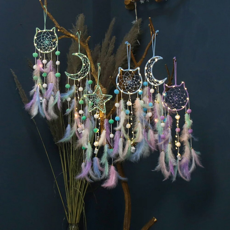 Kawaii Dreamcatcher Suncatcher Feather Φωτιστικό LED Φεγγάρι Star Catcher Δωμάτιο Εσωτερικό Παράθυρο Αυτοκινήτου Κρεμαστό Δώρο Διακόσμηση Κήπου