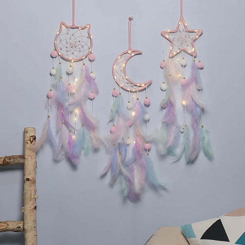 Kawaii Dreamcatcher Suncatcher Feather Φωτιστικό LED Φεγγάρι Star Catcher Δωμάτιο Εσωτερικό Παράθυρο Αυτοκινήτου Κρεμαστό Δώρο Διακόσμηση Κήπου