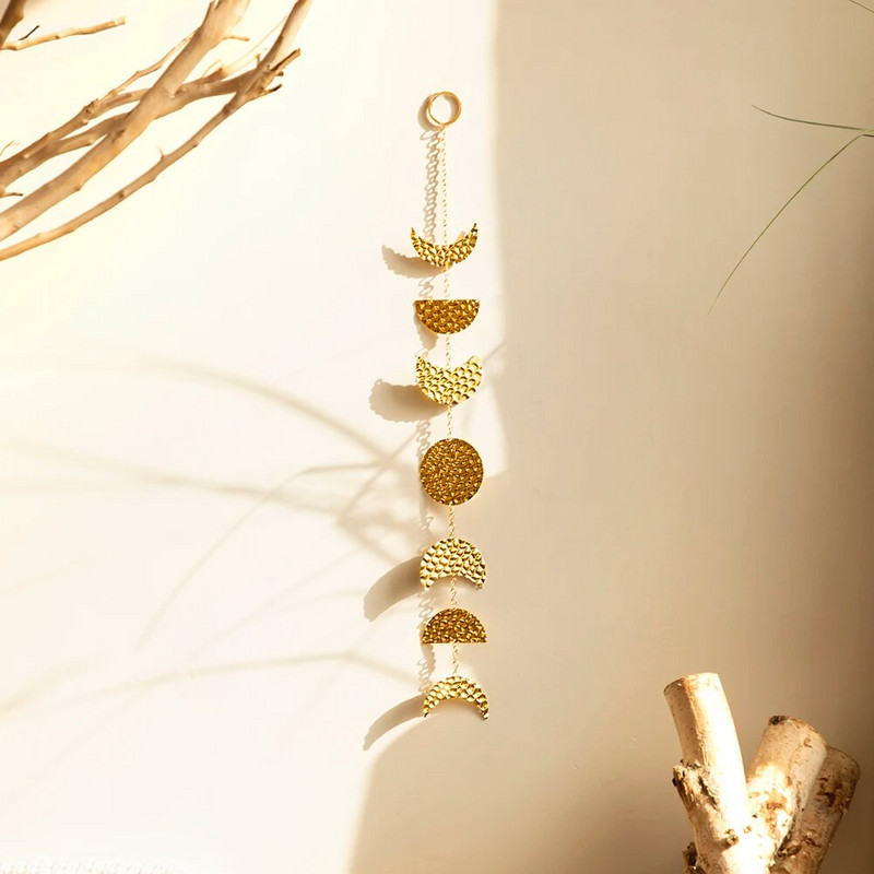Aukso Mėnulio fazės Sienų pakabinimas Boho Metalo Mėnulio girlianda Sienų Menas Bohemiškas kambario dekoras Estetinis svetainės miegamojo vaikų darželio dekoras