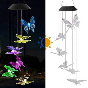 Butterfly Solar Wind Chime Light 120mAh Многоцветна светлина Водоустойчив полилей със звънец за градина Декорация на морава за домашен двор