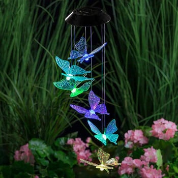 Butterfly Solar Wind Chime Light 120mAh Многоцветна светлина Водоустойчив полилей със звънец за градина Декорация на морава за домашен двор