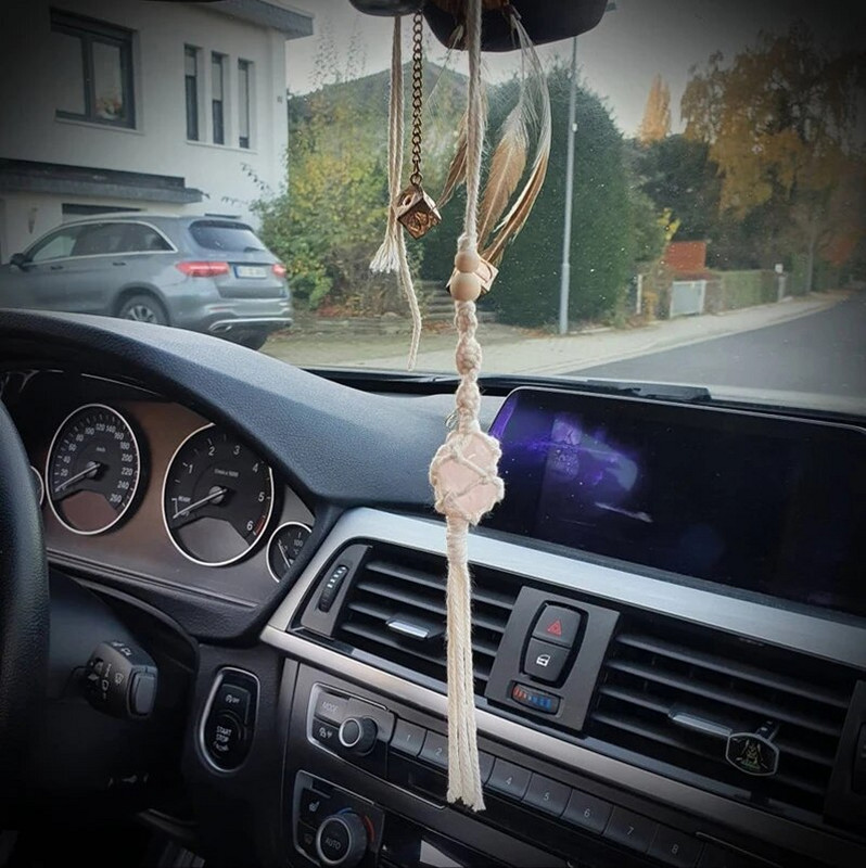 Roosa kvarts MACRAMÉ ripatskivi armastusest vääriskivi Lucky Charm võtmehoidja auto võlu auto tahavaatepeegli kaunistus kodukaunistus