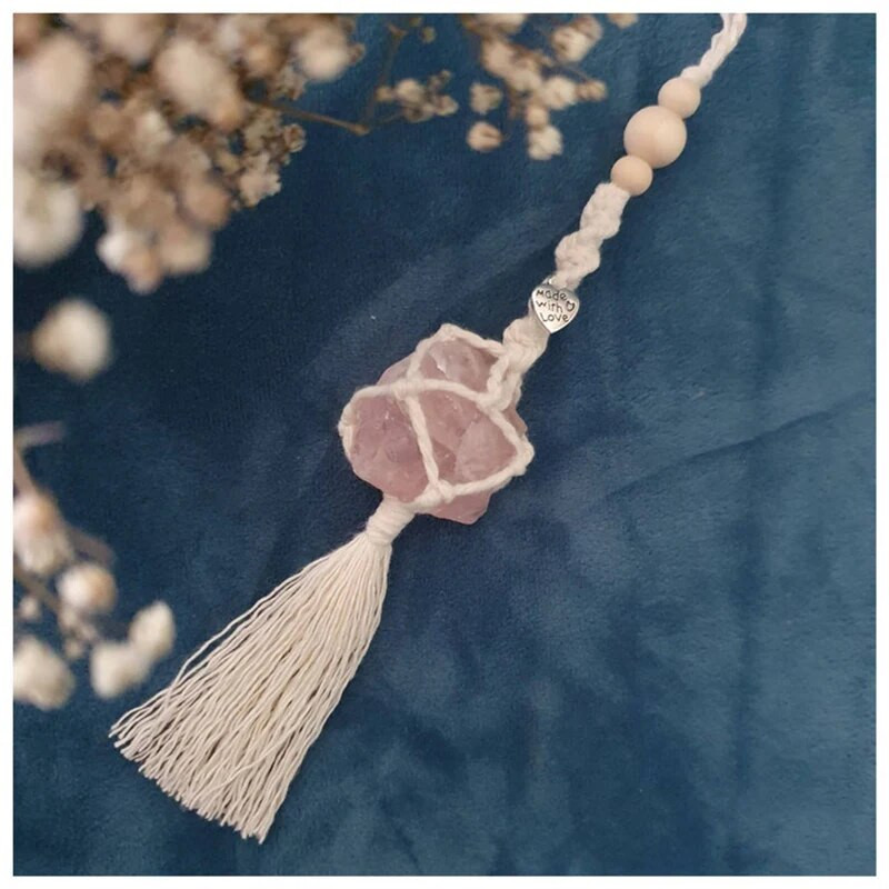 Roosa kvarts MACRAMÉ ripatskivi armastusest vääriskivi Lucky Charm võtmehoidja auto võlu auto tahavaatepeegli kaunistus kodukaunistus