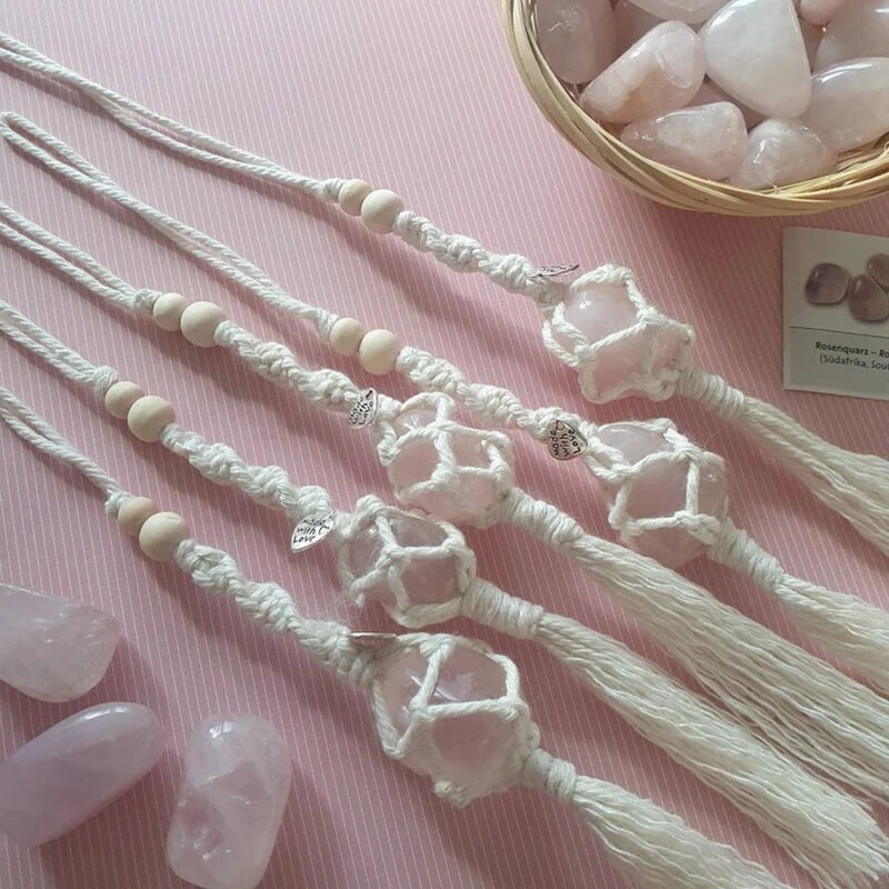 Roosa kvarts MACRAMÉ ripatskivi armastusest vääriskivi Lucky Charm võtmehoidja auto võlu auto tahavaatepeegli kaunistus kodukaunistus