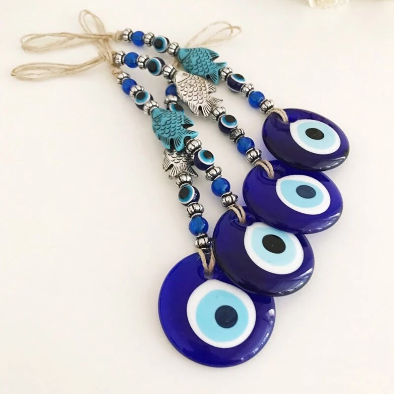 Lucky Eye Glass Blue Turkish Evil Eye Pakabukas Sienoje Kabantis Karoliukas Evil Eye Sienos dekoras Rankų darbo puošmena Žuvies žavesio kambario automobilio dovana