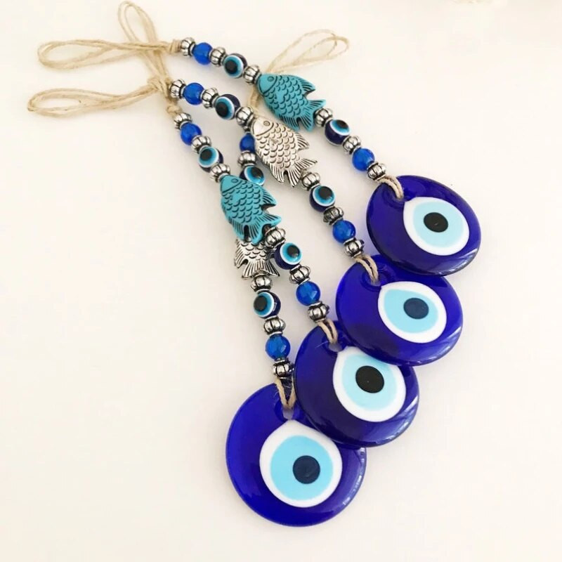 Lucky Eye Glass Blue Turkish Evil Eye Pakabukas Sienoje Kabantis Karoliukas Evil Eye Sienos dekoras Rankų darbo puošmena Žuvies žavesio kambario automobilio dovana