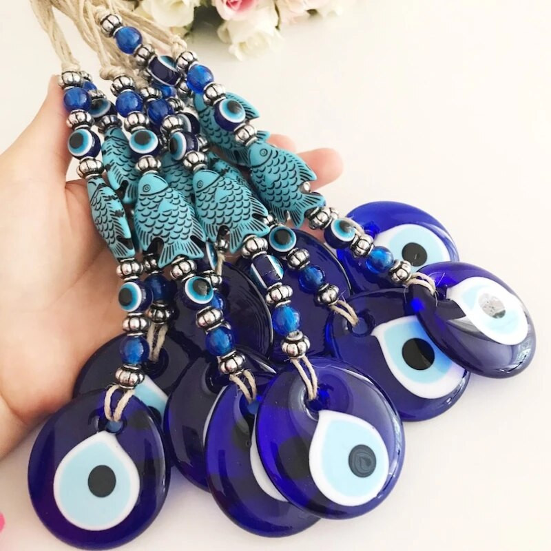 Lucky Eye Glass Blue Turkish Evil Eye Pakabukas Sienoje Kabantis Karoliukas Evil Eye Sienos dekoras Rankų darbo puošmena Žuvies žavesio kambario automobilio dovana