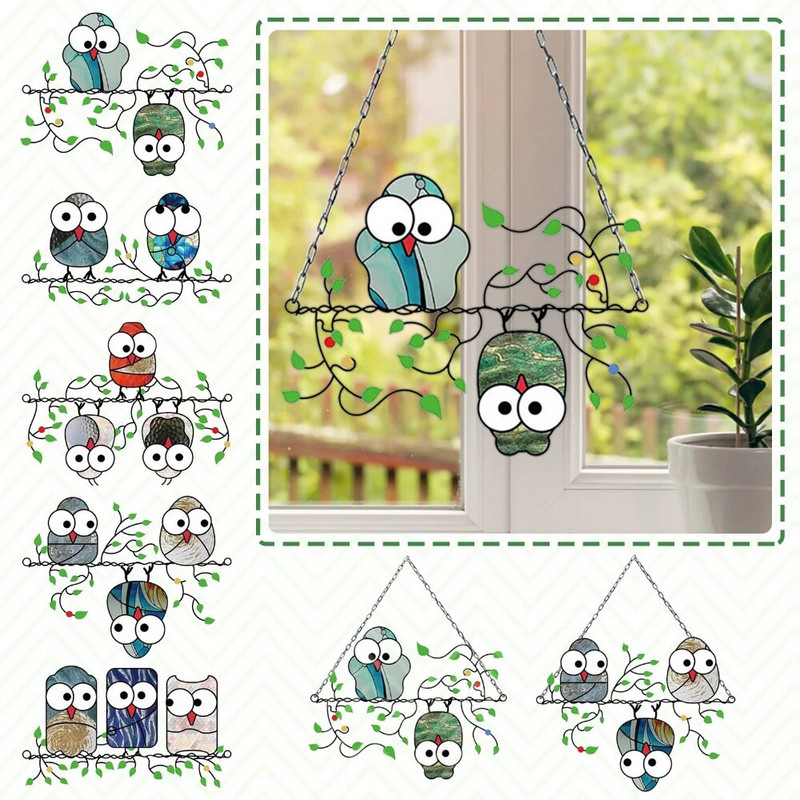 Kolm lindu vitraažakna riidepuu päikesepüüdja linnuliigid peitsitud ripats akrüül linnud rippuvad kaunistused