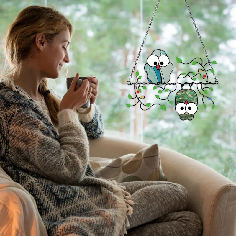 Kolm lindu vitraažakna riidepuu päikesepüüdja linnuliigid peitsitud ripats akrüül linnud rippuvad kaunistused