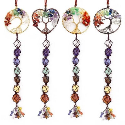 7 Colorful Stone Seven Color Crystal Original Stone Hand Woven Pendant Natural Stone Life Tree Dreamcatcher Car Home Decoration