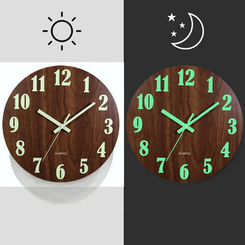 12-инчов светещ стенен часовник от дърво Безшумна светлина в тъмна нощ Скандинавски моден стенен часовник Не тиктакащ часовник с нощна светлина