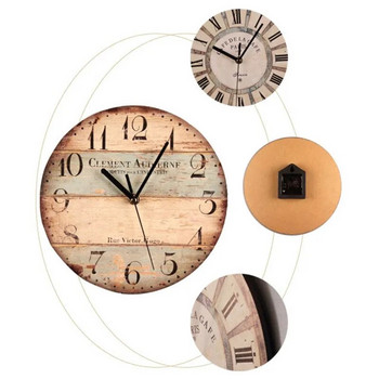 Винтидж стенен часовник Кръгли безшумни часовници Монтирани на стена дървени колички Художествен декор за дома Спалня Всекидневна Офис декорация