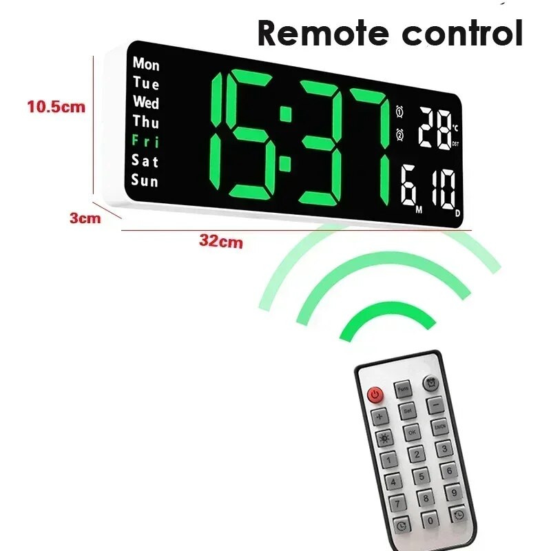 Digitaalne seinakell Suur äratuskell Kaugjuhtimispult Kuupäev Nädal Temperatuur Kell Topeltalarm LED-ekraan Kell Elutuba Dets.
