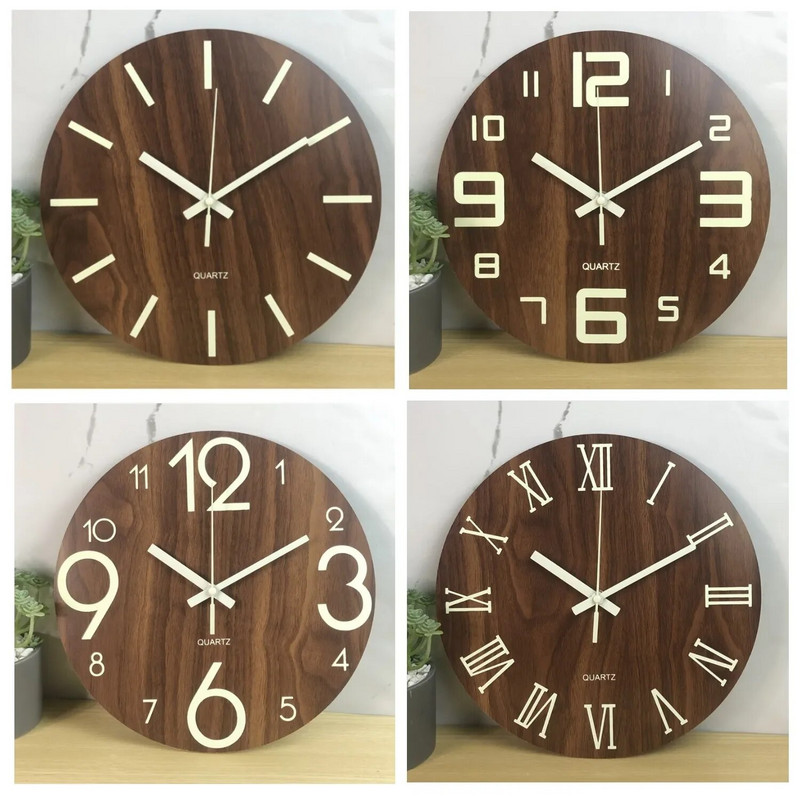 12-tolline seinakell helendav puidust ööhelk Nähtav põhjamaine vaikne kellakujundus koos öövalgusega magamistoa elutuppa kodu