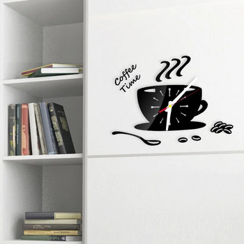 Δημιουργικό ρολόι τοίχου σε σχήμα φλιτζάνι καφέ Μοντέρνα σχεδίαση Τρισδιάστατα ρολόγια τοίχου καθρέφτη Αυτοκόλλητα για DIY Διακοσμήσεις τοίχου κουζίνας σπιτιού