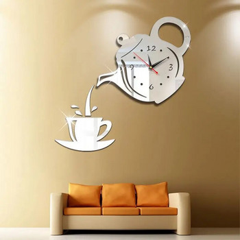Акрилно огледало, часовник, стикери за стена, 3D чаша за кафе, чайник, самозалепващо се за домашен декор за всекидневна, стенен часовник, стикер за стена, часовник