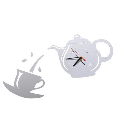 Ακρυλικό ρολόι καθρέφτη Αυτοκόλλητα τοίχου 3D Φλιτζάνι καφέ Αυτοκόλλητη τσαγιέρα για διακόσμηση σπιτιού σαλονιού Ρολόι τοίχου Αυτοκόλλητο ρολόι τοίχου