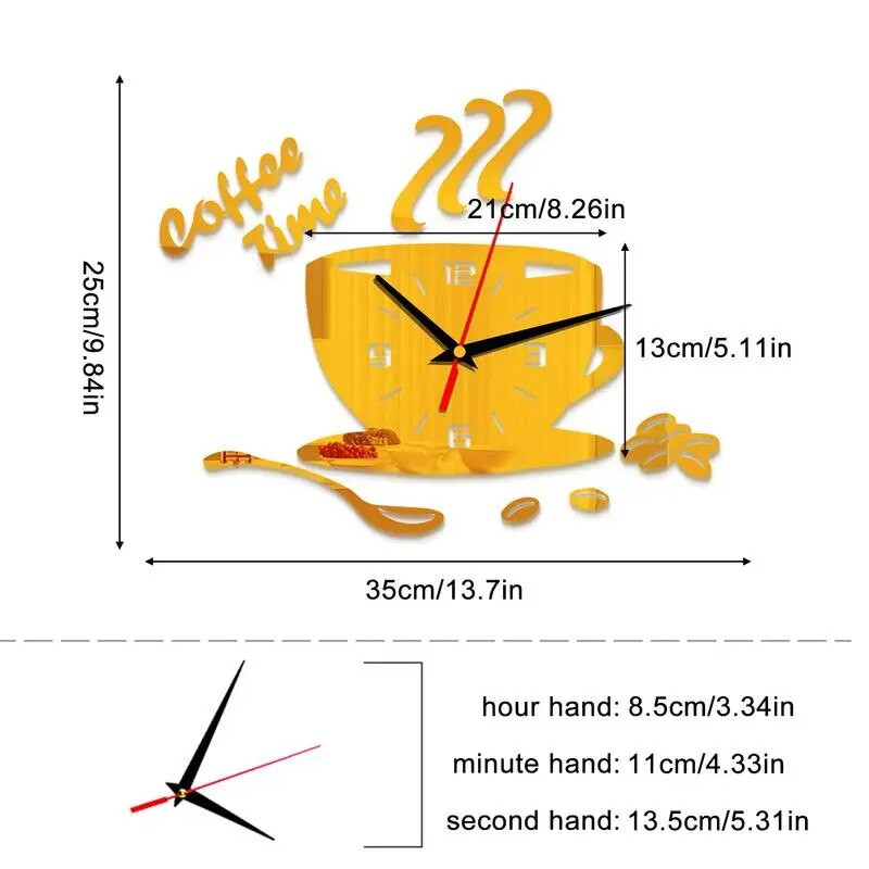 3D kávéscsésze tükör fali matrica falióra néma konyha lakberendezési csésze alakú falmatrica üreges digitális óra forró akció