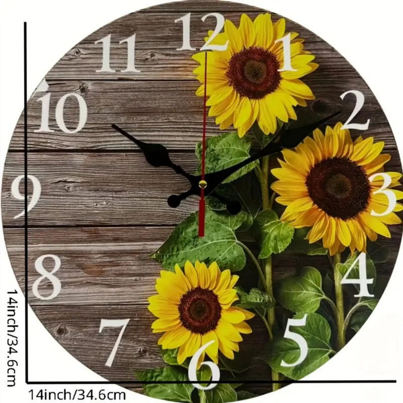 1 tk päevalilleköögi sisekujundusega ümmargune seinakell, vaikne ja tiksuv akuga töötav puidust kell elutoa kaunistamiseks, kodukaunistus