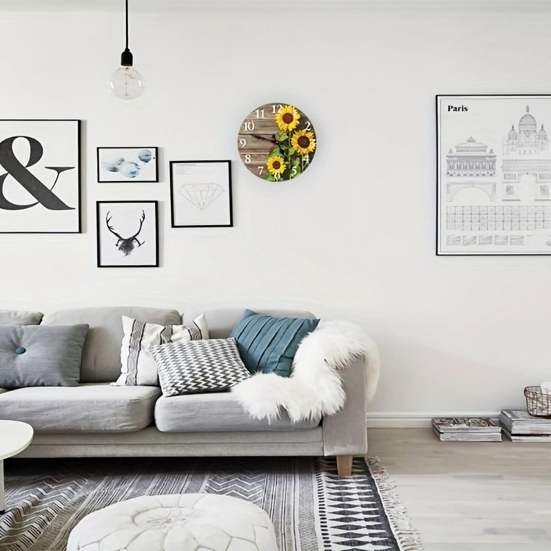 1 tk päevalilleköögi sisekujundusega ümmargune seinakell, vaikne ja tiksuv akuga töötav puidust kell elutoa kaunistamiseks, kodukaunistus