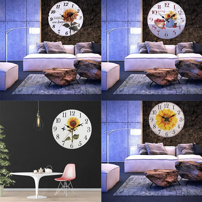 Sieninis saulėgrąžų laikrodis Dekoratyvinis kaimiškas vintažinis netiksėjimo kabantis didelis apvalus sieninis svetainės miegamojo dekoratyvinis laikrodis