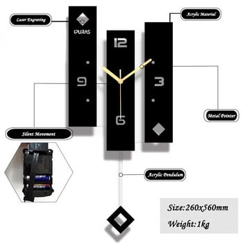 Черен акрилен креативен стенен часовник с люлка, всекидневна, спалня, безшумен домашен моден часовник