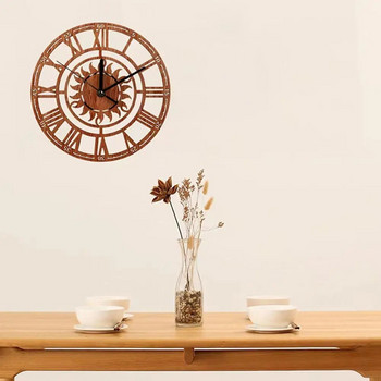 23cm Μεγάλο Στρογγυλό Σχήμα Ήλιου Vintage Ρωμαϊκό Χειροποίητο Διακοσμητικό Ξύλινο Μεγάλο Ρολόι τοίχου στον τοίχο για δώρο