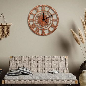 23 см голям кръгъл във формата на слънце винтидж римски ръчно изработен декоративен дървен голям стенен часовник на стената за подарък