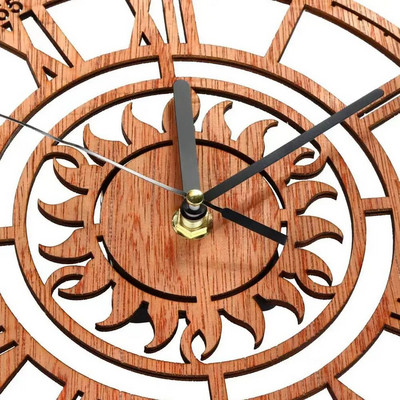 23 см голям кръгъл във формата на слънце винтидж римски ръчно изработен декоративен дървен голям стенен часовник на стената за подарък