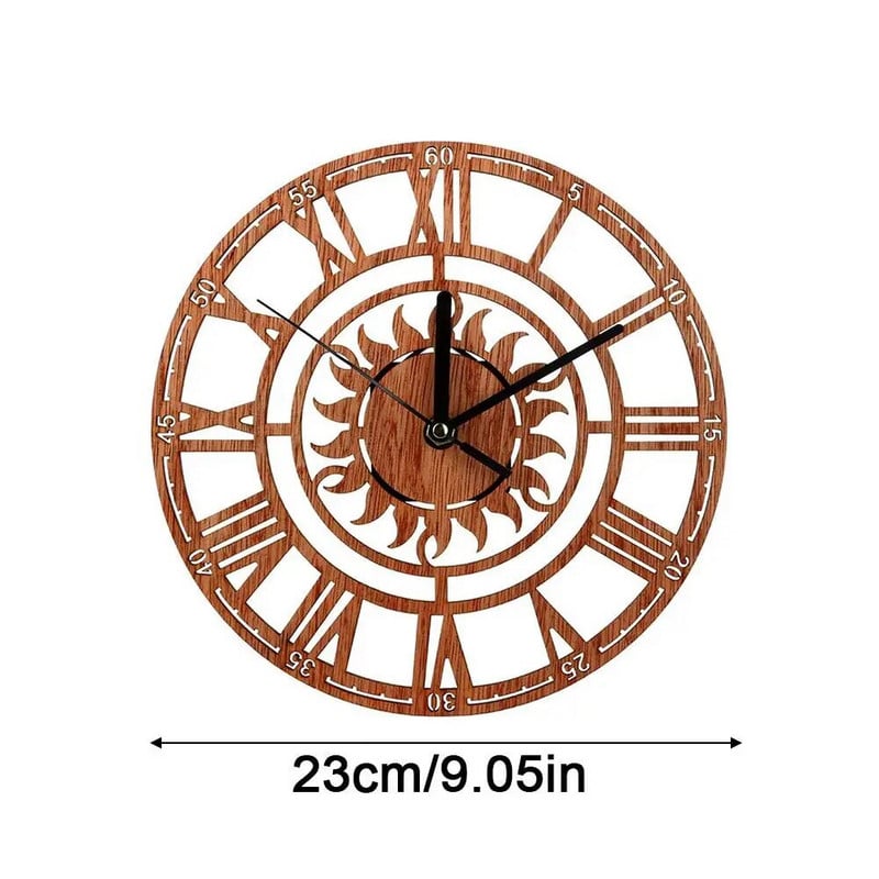 23 cm suur ümmargune päikesekujuline vanaaegne rooma käsitööna valmistatud dekoratiivkunst Puidust suur seinakell seinal kingituseks