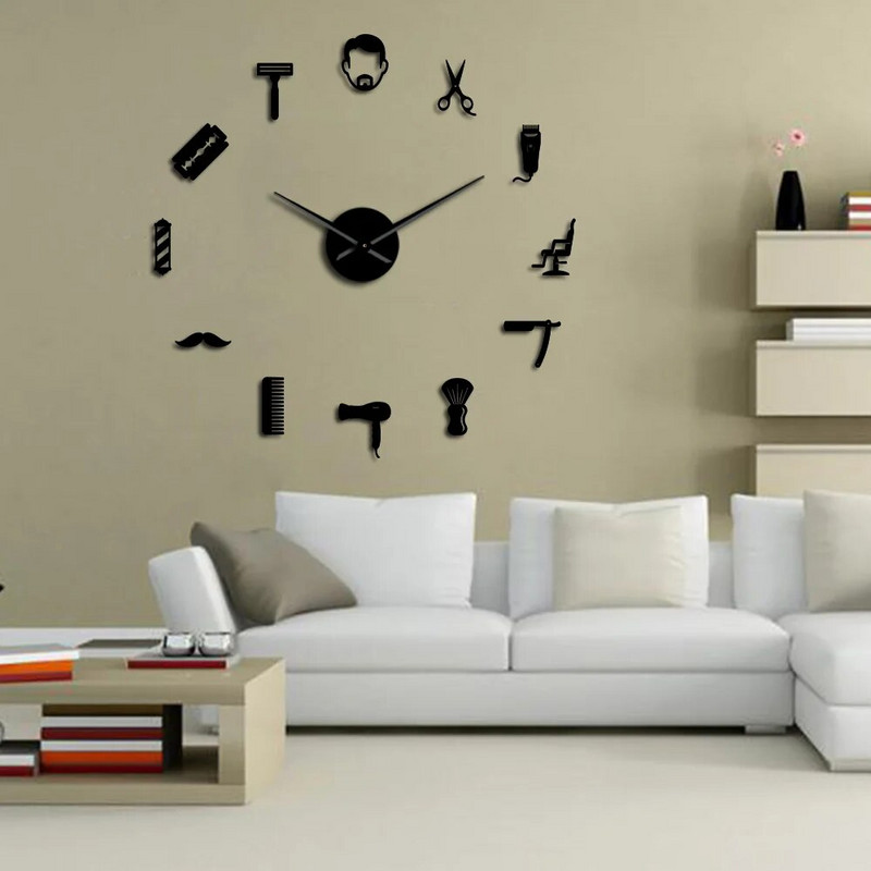 Raamita meeste juuksurisalong Akrüül Lihtne 3D DIY seinakellad Juuksuristilist Juuksurisalongi Sisustus Vaikne pühkimispeegli efektiga kellakell