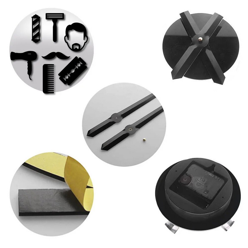 Raamita meeste juuksurisalong Akrüül Lihtne 3D DIY seinakellad Juuksuristilist Juuksurisalongi Sisustus Vaikne pühkimispeegli efektiga kellakell