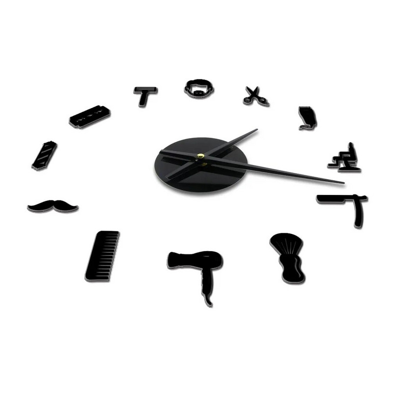 Raamita meeste juuksurisalong Akrüül Lihtne 3D DIY seinakellad Juuksuristilist Juuksurisalongi Sisustus Vaikne pühkimispeegli efektiga kellakell